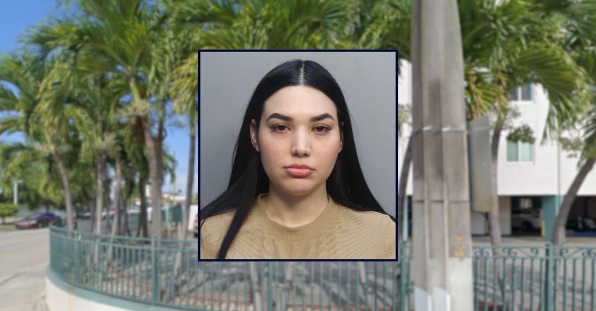 Lucianny Luna appears in a booking photo inset against an image of an apartment complex in Florida.