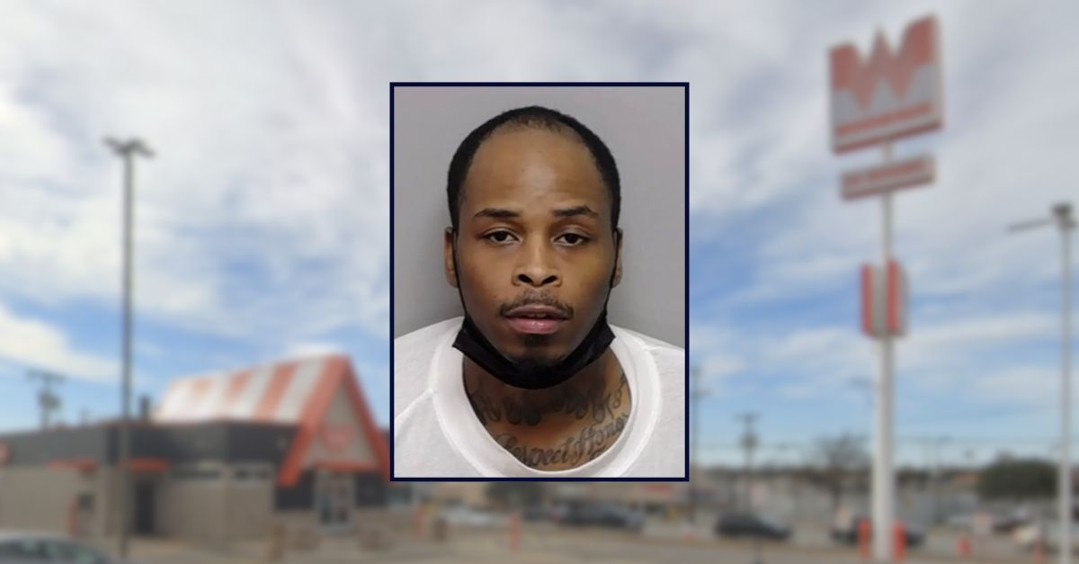 Robert Perry appears in a booking photo inset against an image of a Whataburger in Texas.