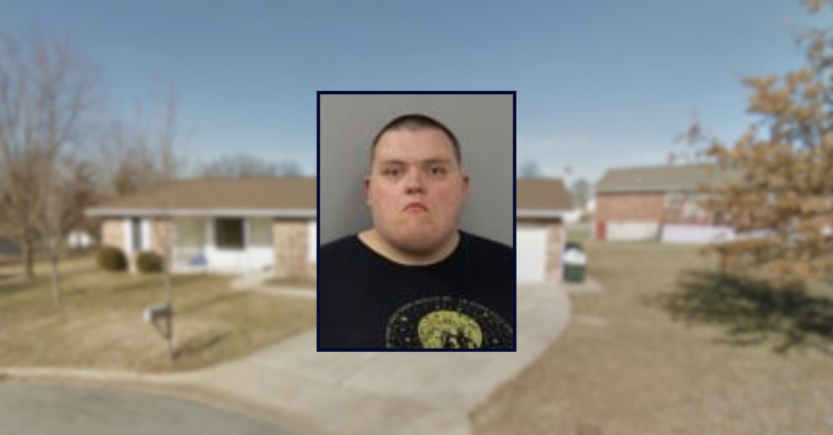 Steven Wolfe appears in a booking photo inset against an image of a residence in Missouri.