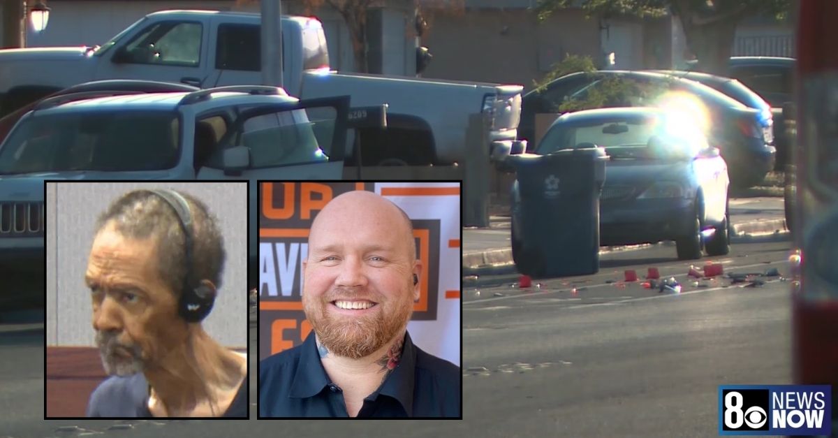 Left inset: Waymon Wells (KLAS/YouTube). Right inset: Joshua Baker (Red Rock Harley Davidson/Instagram). Background: The crash scene in Las Vegas where Waymon Wells allegedly struck and killed Joshua Baker as he was sitting on a Harley-Davidson at a red light (KLAS/YouTube).