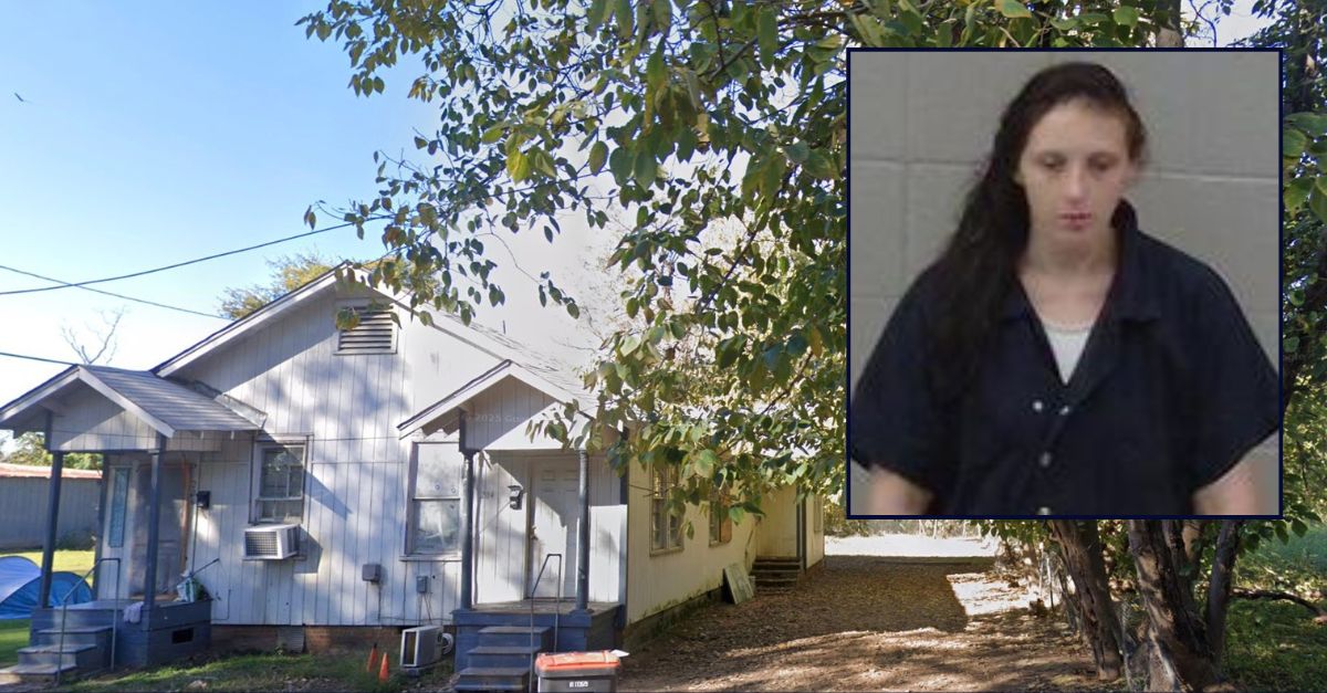 Inset: Gabrielle E. Ayers (Jefferson County Jail). Background: The Arkansas home where Ayers son died (Google Maps).