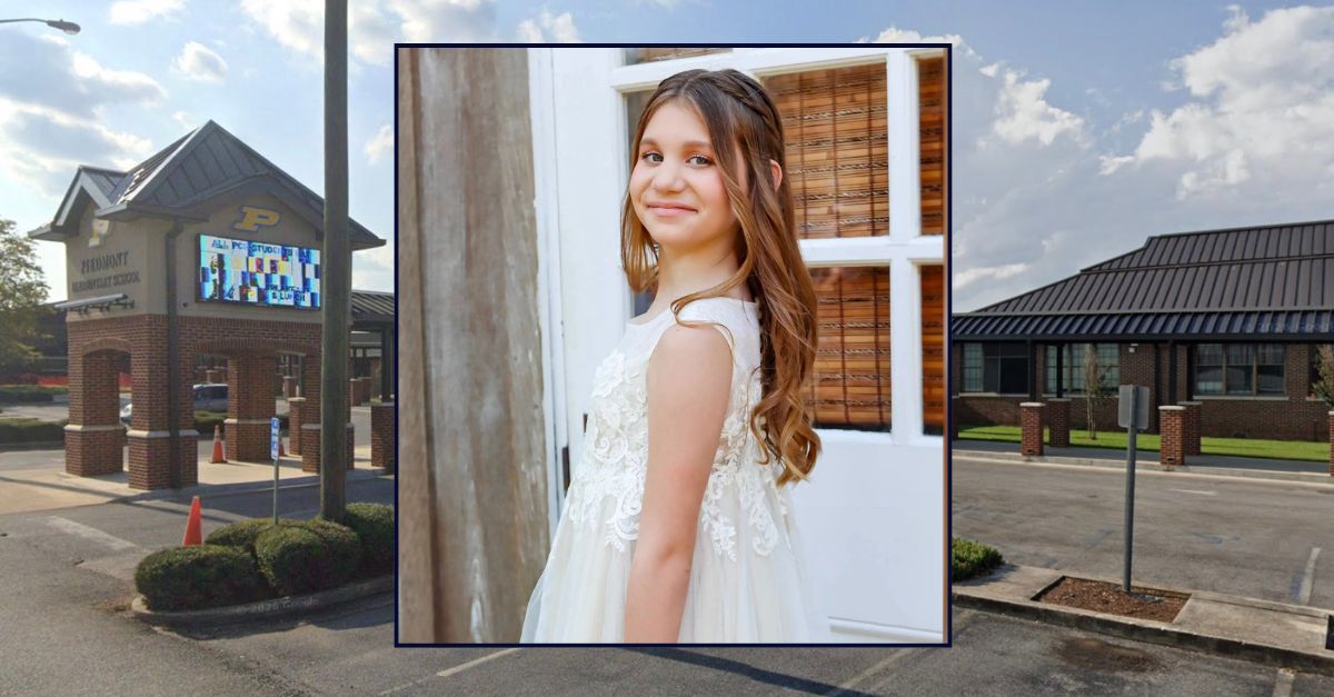 Inset: Katheryn Bigbee (Piedmont Elementary School). Background: Piedmont Elementary School, where Bigbee was a student (Google Maps).