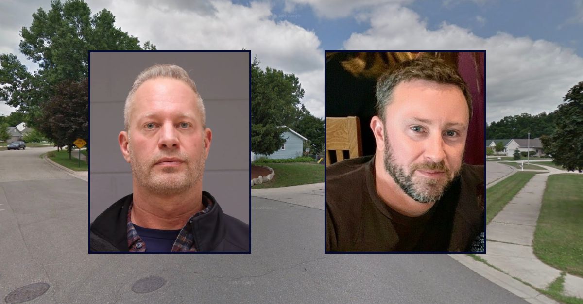Inset, left to right: Thomas Patrick Olman (Kent County Jail) and John Ryan Joyce (Gerst Funeral Home). Background: The area in Michigan where Olman allegedly ran over and killed Joyce (Google Maps).