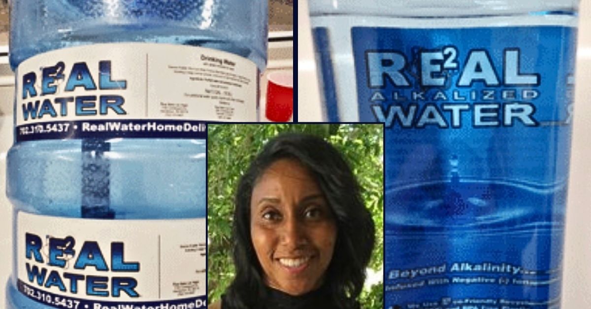 Inset: Addie Coggs (Dignity Memorial). Background: Real Water products, which were found by the U.S. Food and Drug Administration to allegedly contain samples of hydrazine, a toxin that can trigger conditions like ALS (FDA).