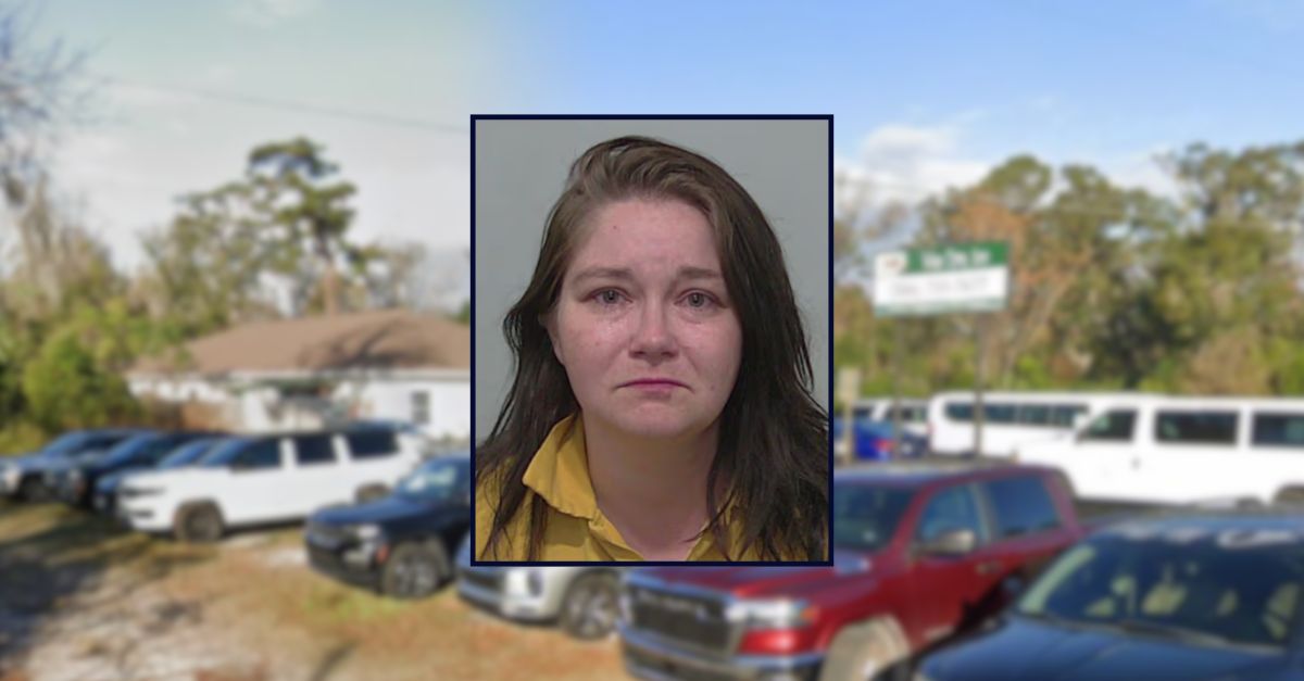 Alyssa Thompson appears in a booking photo inset against an image of a daycare center in Florida.