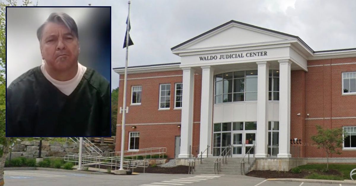 Inset: Kirby Bradford appearing for a virtual court hearing in Maine (WFVX). The Waldo Justice Center in Maine (Google Maps).