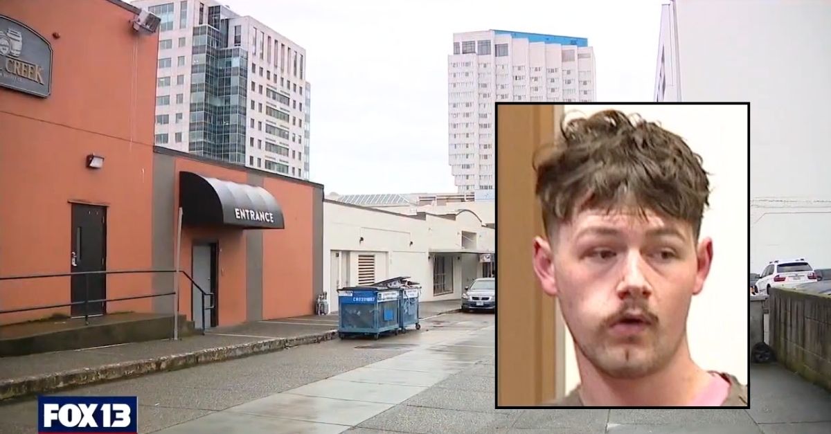 Inset: Cameron Boucher. Background: The area where Cameron Boucher backed up over his ex-girlfriend's head with his Toyota Tacoma (KCPQ/YouTube). 