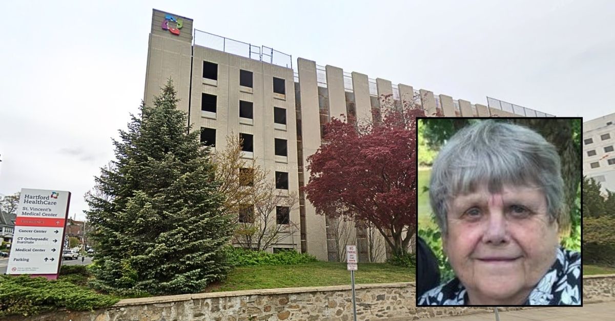 Inset: Carol Polifka (Riverview Funeral Home). Background: St. Vincent Medical Center in Bridgeport, Conn., where Carol Polifka allegedly died due to a hospital food mistake (Google Maps).