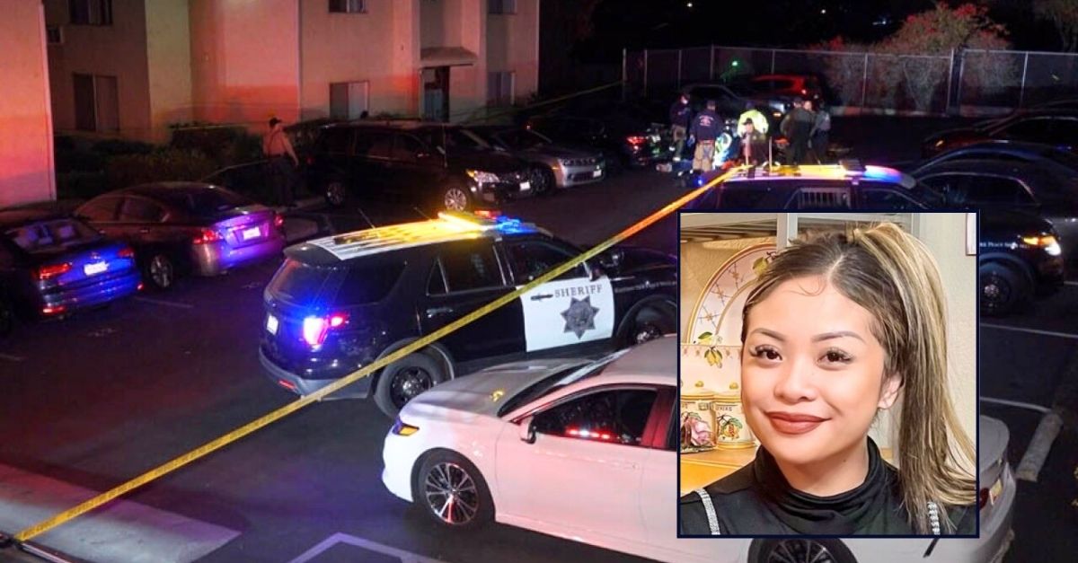Inset: Ericka Wilson (San Diego County District Attorney's Office). Background: The California parking lot where Ericka Wilson was stabbed 23 times in the neck and killed by her estranged husband Kandynn Wilson (KGTV).