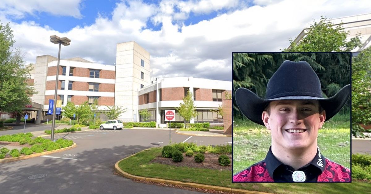 Inset: Ethan Cantrell (The Cantrell family). Background: The Good Samaritan Regional Medical Center in Corvallis, Ore., where doctors allegedly failed to remove pine needles, twigs and moss from a "deep wound" that 18-year-old Ethan Cantrell suffered while cutting a log (Google Maps). 
