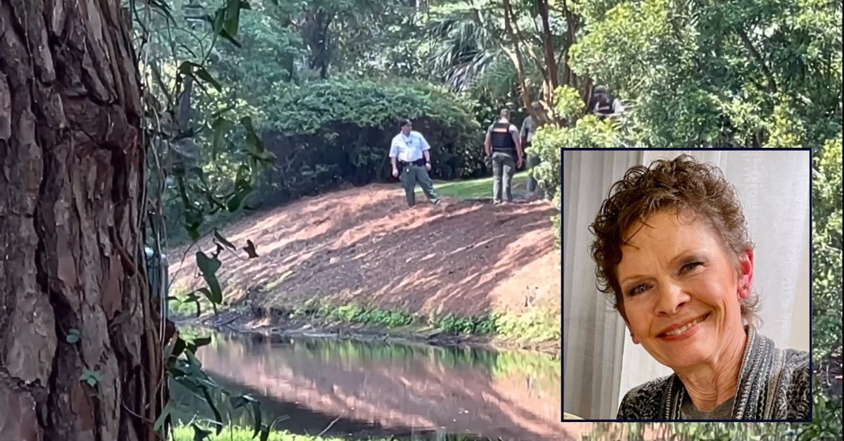 Inset: Holly Jenkins (Legacy.com/The Island Packet). Background: The area in South Carolina where Hilton Head resident Holly Jenkins was killed by an alligator (WSAV/YouTube). 