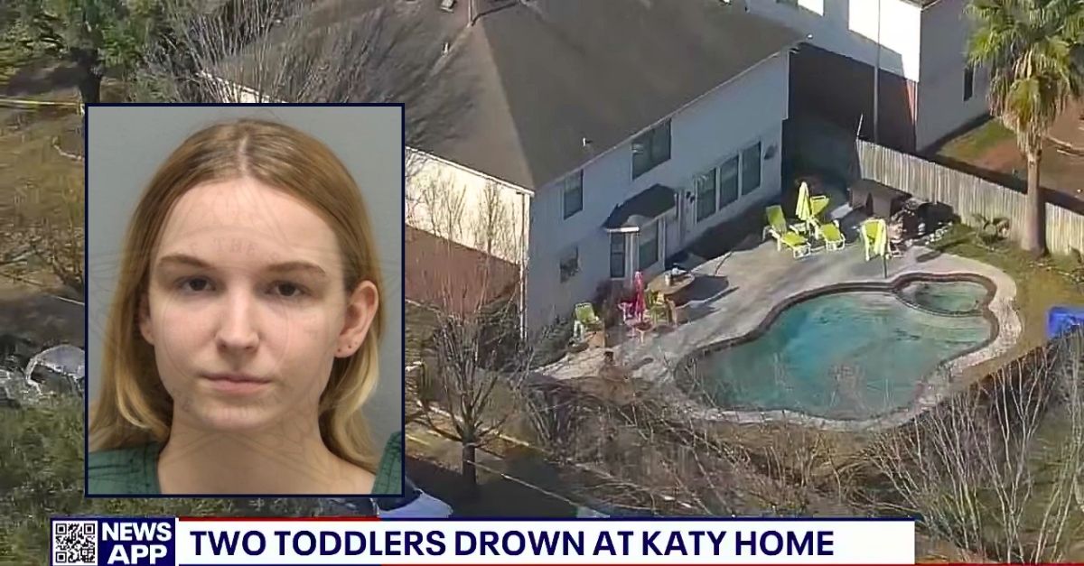 Inset: Laura Nicholson (Harris County Sheriff's Office). Background: The Texas home where Laura Nicholson's children were found dying in a backyard pool by their grandmother (KRIV/YouTube).