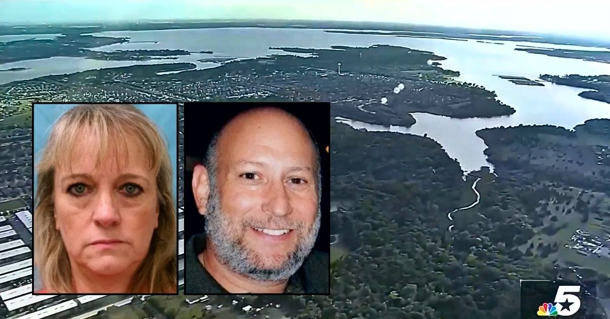 Left inset: Lisa Honrud (Frisco Police Department). Right inset: Frank Weiss. (KXAS). Background: Lake Lewisville in Texas where Lisa Honrud allegedly dumped her husband, Frank Weiss, after murdering him (KXAS/YouTube).