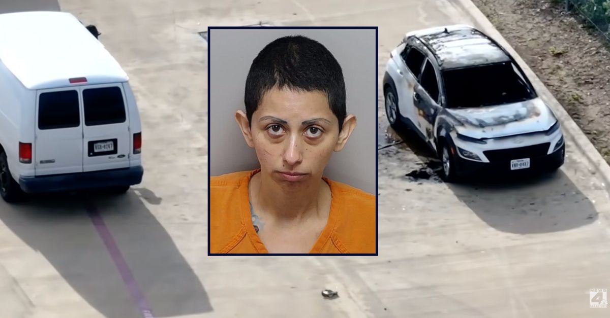 Marlene Vidal appears inset against an image of a burned out car in Texas.