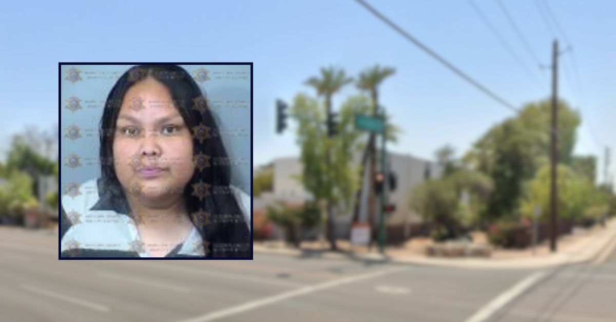 Mikela Bahe appears in a booking photo inset against an image of an apartment complex in Arizona.