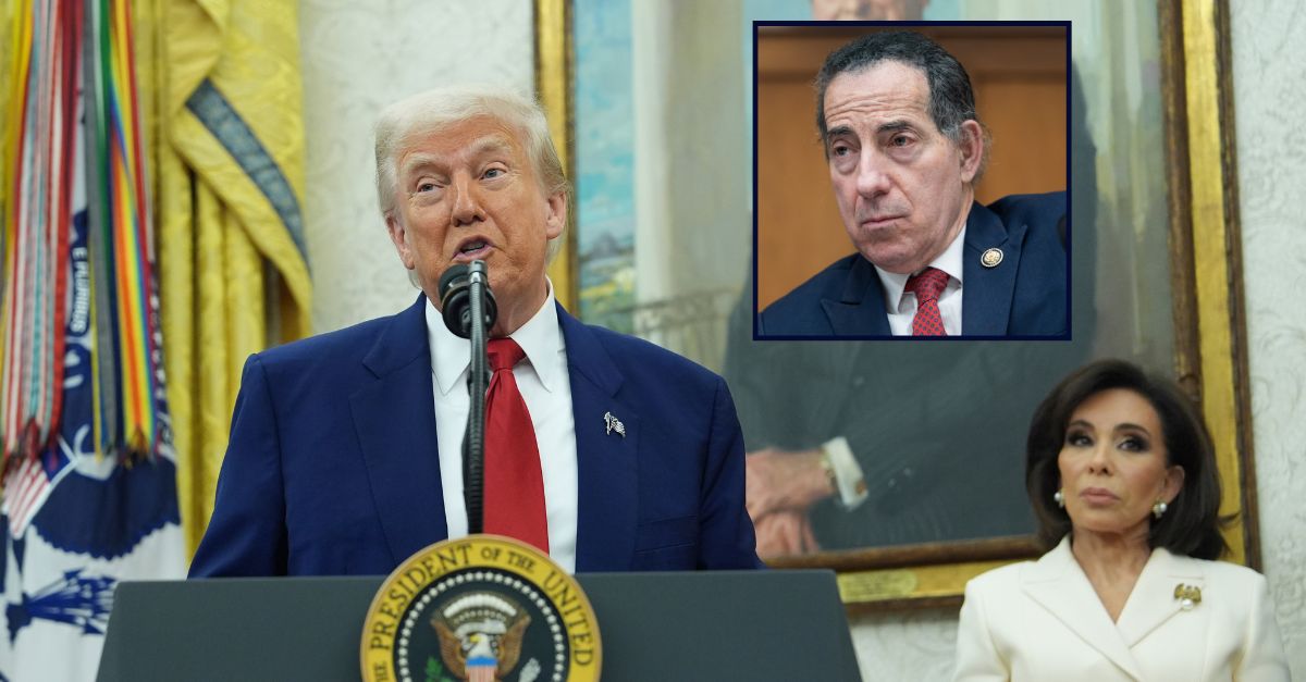 Jamie Raskin appears inset against an image of Donald Trump and Jeanine Pirro.
