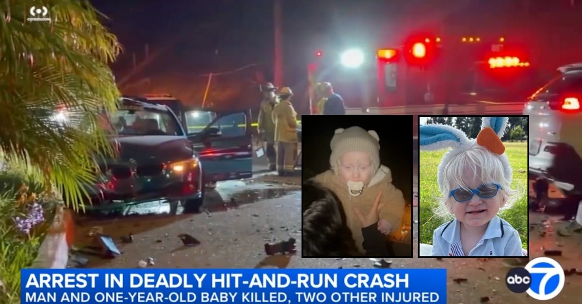 Insets: Roger Sandoval Farias (KABC/YouTube/GoFundMe). Background: The scene of the crash in Playa Del Rey, Calif., that claimed the life of 1-year-old Roger Sandoval Farias (KABC/YouTube).