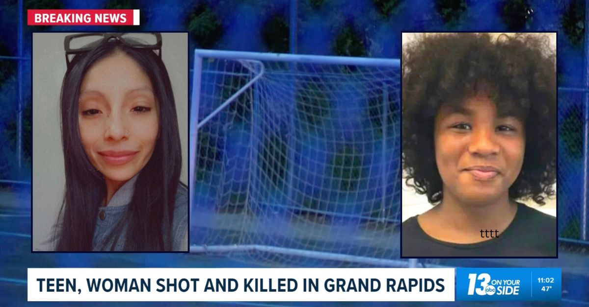 Inset, left to right: Savanah Villarreal (WOOD) and Jeremiah Cuevas-Griffin (WXMI). Background: The playground in Michigan where Villarreal and Cuevas-Griffin were killed (WWMT).