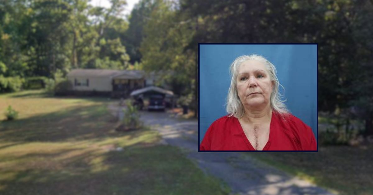 Sheri Mitchell-Clutts appears in a booking photo inset against an image of a residence in rural Alabama.