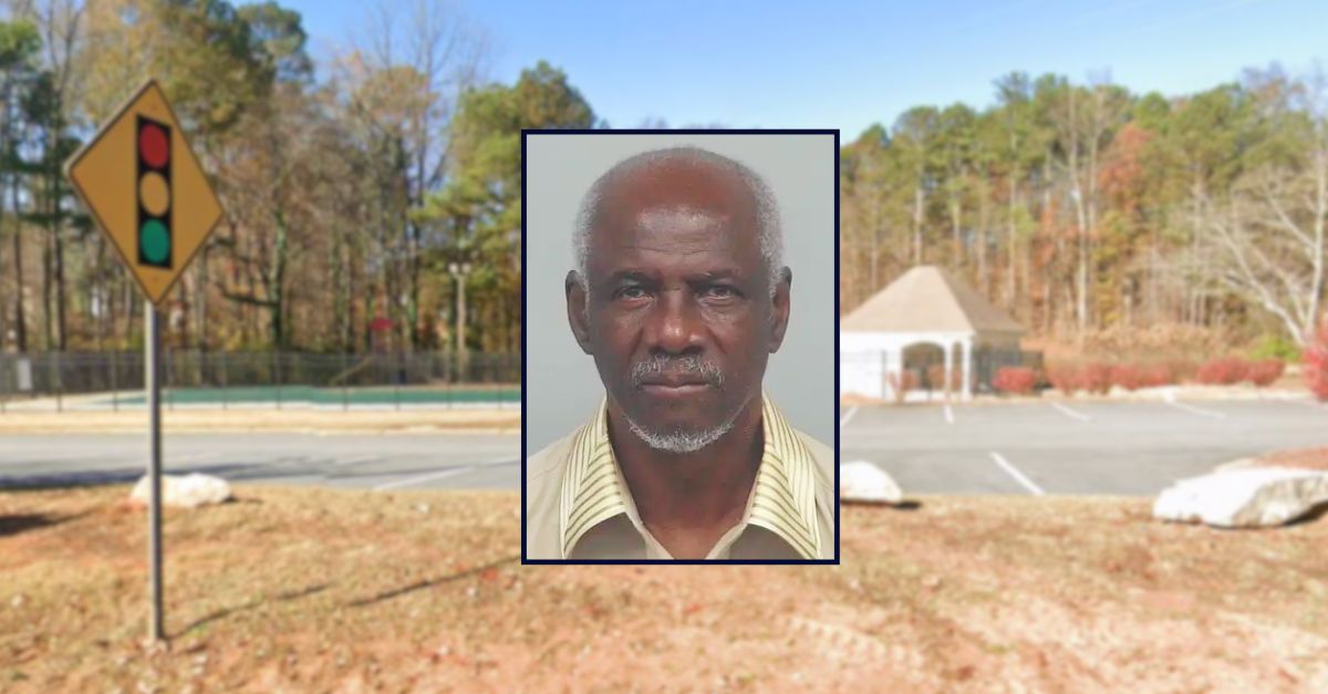 Stanley Nathaniel Elliott appears in a booking photo inset against an image of a parking lot in Georgia.