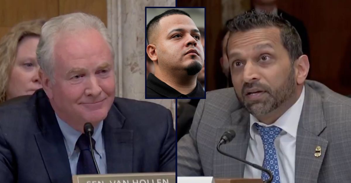 Kilmar Abrego Garcia appears inset against a still image of Chris Van Hollen and Kash Patel arguing on Capitol Hill.