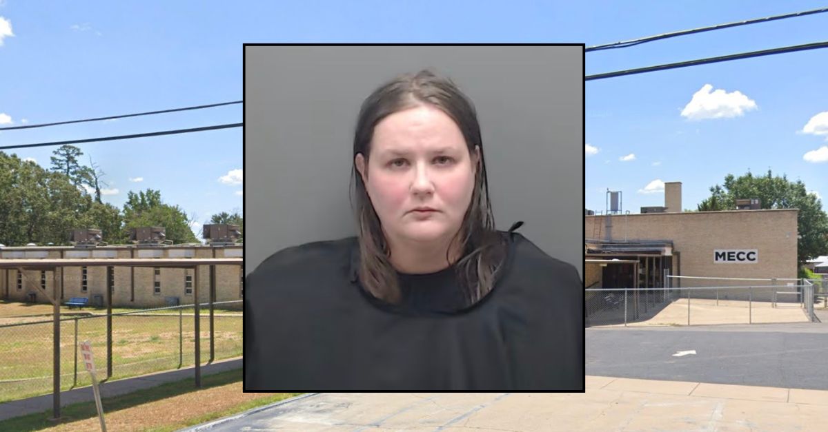 Inset: Rachel Kirspel (Harrison County Jail). Background: The Texas school where Kirspel allegedly abused a 5-year-old student (Google Maps).