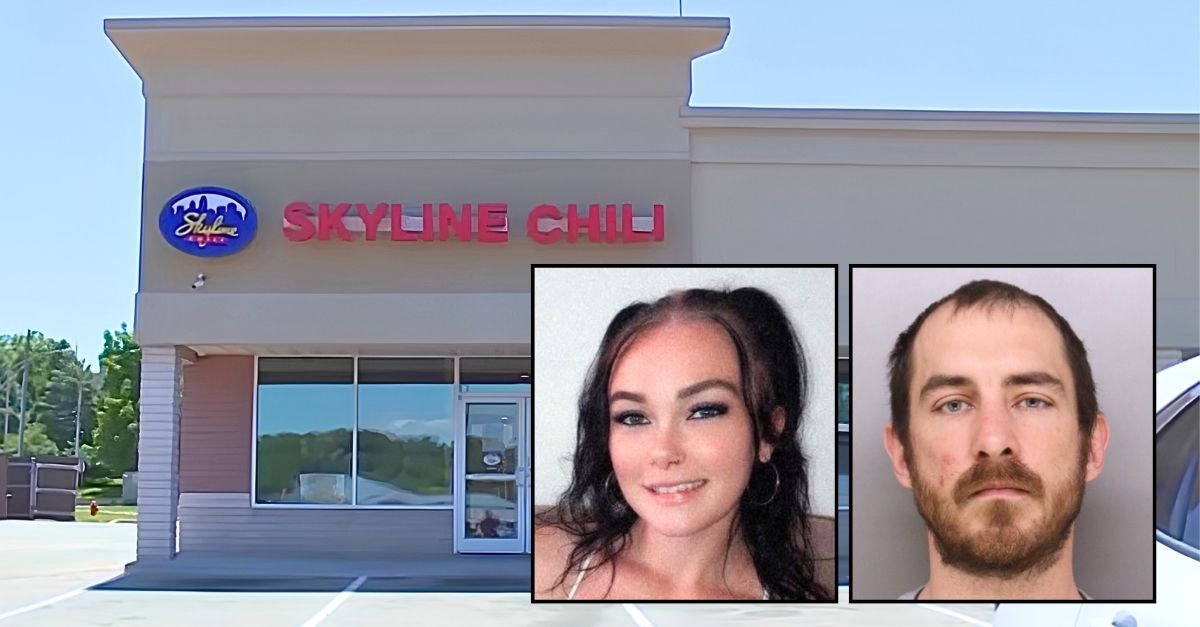 Left inset: Alyssa Hill (GoFundMe). Right inset: Rick Wright (Hamilton County Sheriff's Office). Background: The Skyline Chili restaurant in Ohio where Alyssa Hill was allegedly stabbed to death by Rick Wright (WLWT/YouTube).