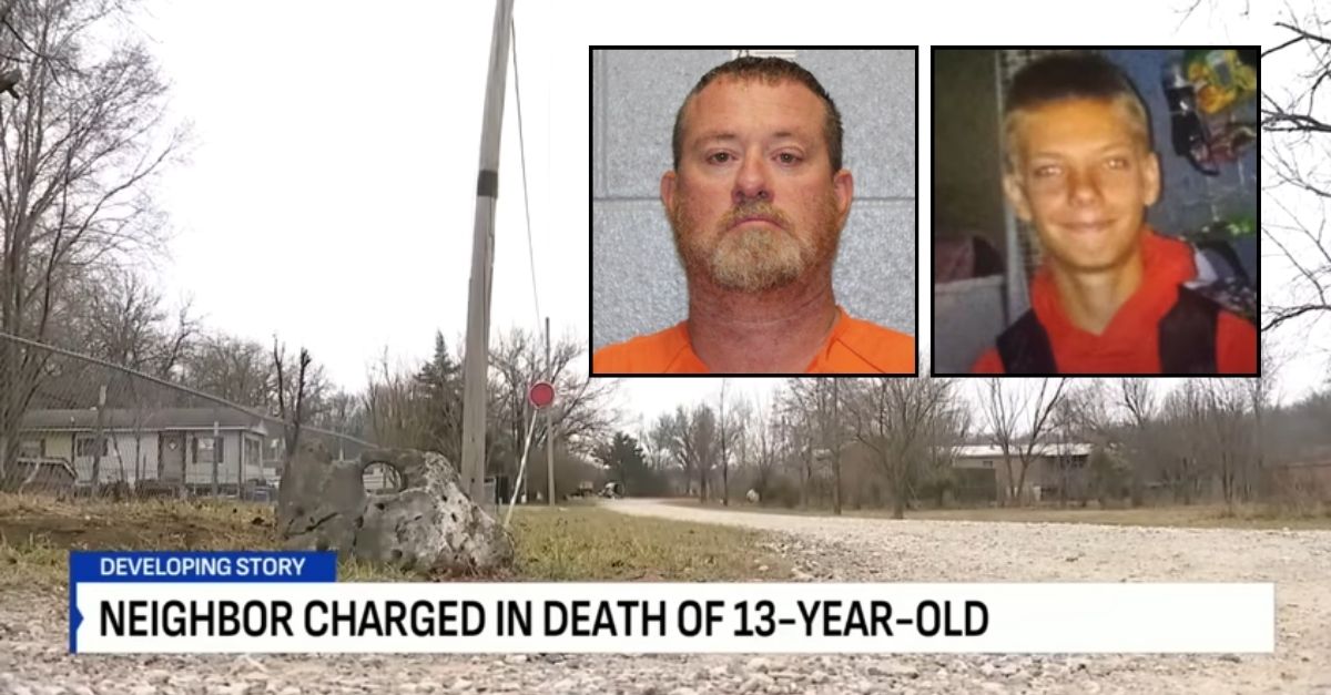 Left inset: Damon Leonard (Bates County Sheriff's Office). Right inset: Airen Andula (KCTV/YouTube). Background: The area in Kansas where Airen Andula was allegedly killed (WDAF/YouTube).
