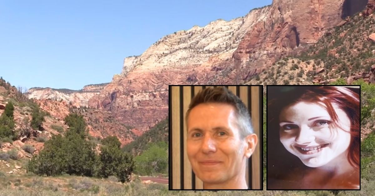 Left inset: David Vander Meer (Resoluna/YouTube). Right inset: Bernadette Vander Meer (KSTU/YouTube). Background: Zion National Park in Utah, where David Vander Meer allegedly pushed his wife Bernadette Vander Meer to her death from an area known as Angels Landing (KSTU). 