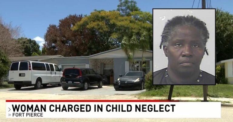 Inset: Gwendolyn Rolle (St. Lucie County Sheriff's Office). Background: The Florida home where Gwendolyn Rolle allegedly abused five children, ages 4 to 9 (WPEC/YouTube).