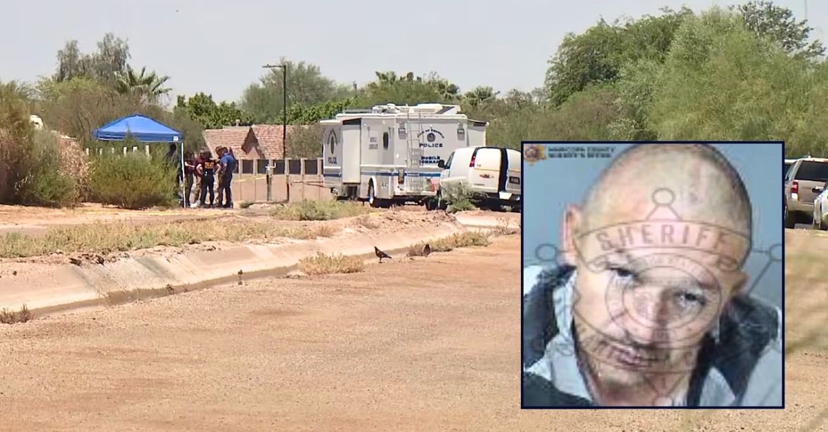 Inset: Hector Corrales (Maricopa County Sheriff's Office). Background: The area where Arizona cops found a dead man bound to a wheelchair while temperatures were "in excess" of 105 degrees after he was tied up by Hector Corrales and another person (AZFamily).