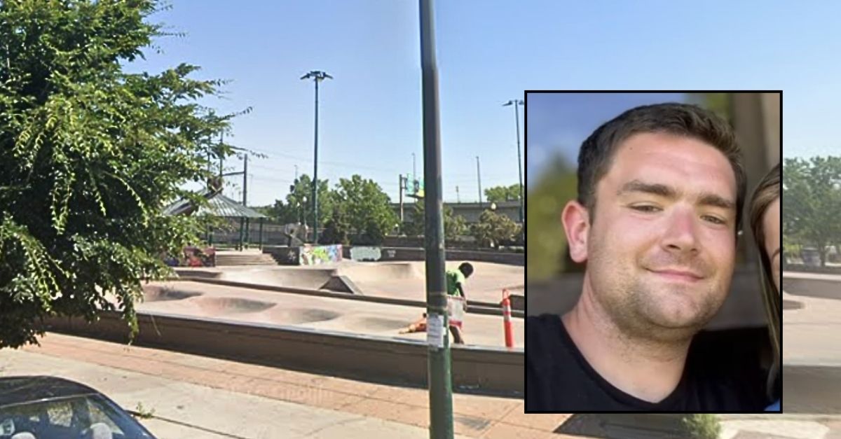 Inset: Jacob Hensley (KUSA/YouTube). Background: The area around the Denver Skateboard, near the Jacob Hensley shooting scene (Google Maps).