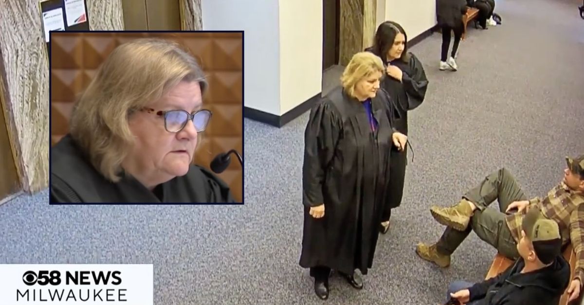 Milwaukee County Judge Hannah Dugan successful tribunal (WTMJ/YouTube). Background: Surveillance video shows Milwaukee County Judge Hannah Dugan speaking with ICE agents earlier Eduardo Flores-Ruiz's detainment (WDJT/YouTube).