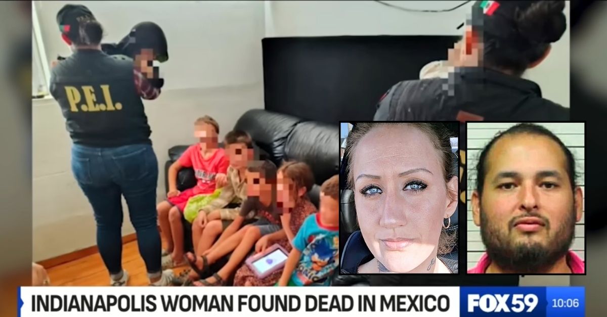 Left inset: Makala Pendley (WXIN/YouTube). Right inset: Joseph Jude Butler Jr. (GoFundMe). Background: Makala Pendley and Joseph Jude Butler Jr.'s seven children after they were found in Mexico (WXIN/YouTube).