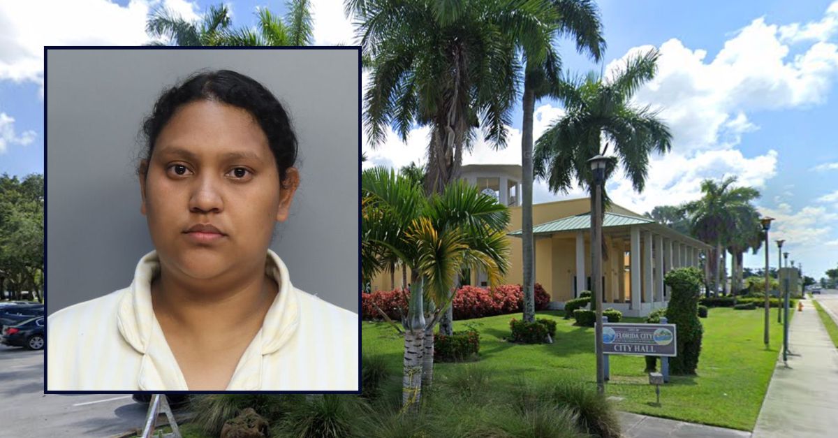 Nataly Francelia Cruz appears in a booking photo inset against an image of a police department in Florida.