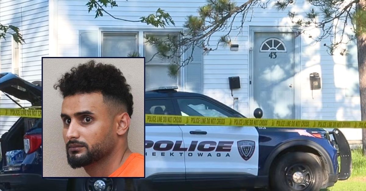Inset: Saleh Mohamed in court (WGRZ/YouTube). Background: The New York home where Saleh Mohamed allegedly killed his wife and two children, ages 4 and 3 (WKBW/YouTube).