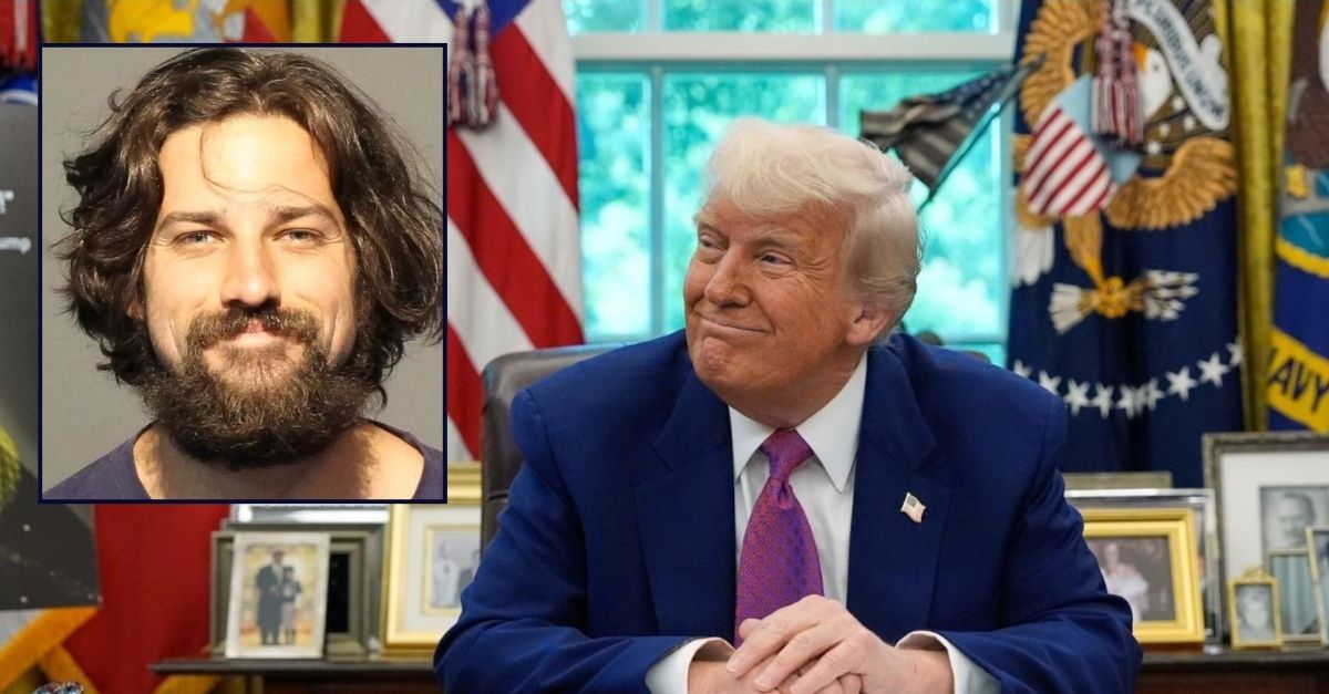 Inset: Spencer Gear (Washoe County Sheriff's Office). Background: President Donald Trump smiles as he speaks in the Oval Office of the White House, Tuesday, May 20, 2025, in Washington (AP Photo/Alex Brandon).