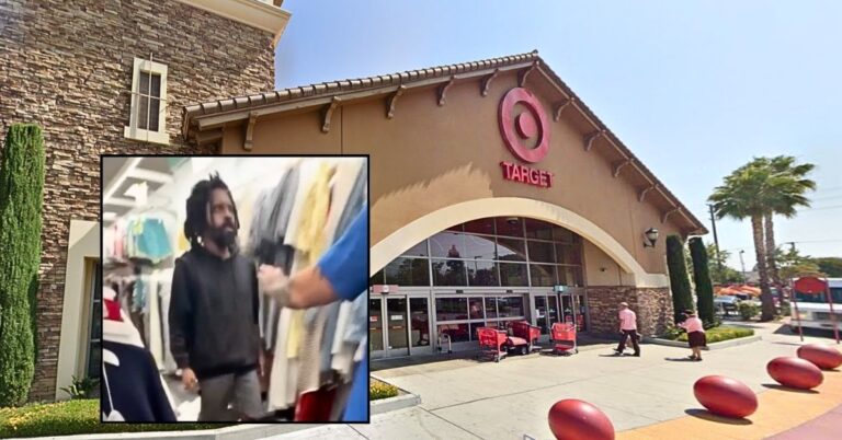 Inset: Rejean Tabor allegedly attacking shoppers inside of a California Target (KCBS/YouTube). Background: The Target where Rejean Tabor's alleged rampage took place (Google Maps).