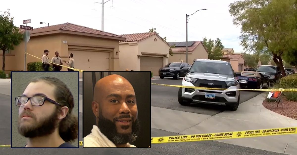 Left inset: Akili Porter during his sentencing (KLAS). Right inset: Jamere Watley (Giddens Memorial Chapel). Background: The Las Vegas neighborhood where Akili Porter lived with Jamere Watley and killed him (KLAS).