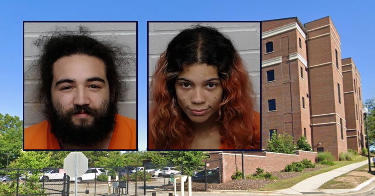 Leon Alejandro, Jr. and Samantha Angeline Feliz appear in booking photos inset against an image of a jail in North Carolina.