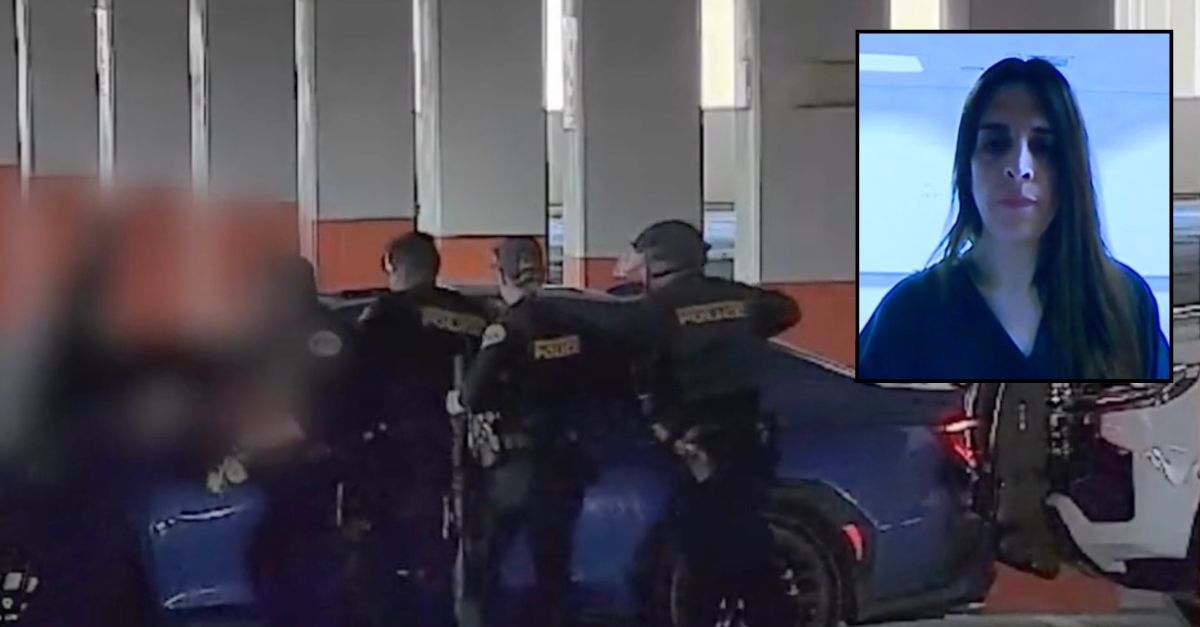 Inset: Allison Howlett appearing in Nevada court (KLAS). Background: Officers arresting Howlett (KLAS).