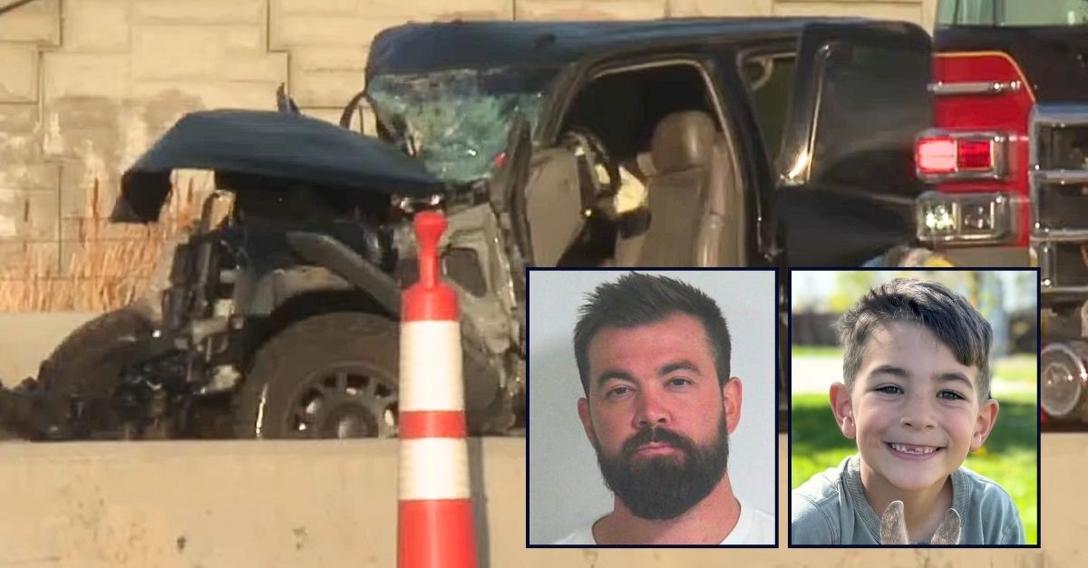 Left inset: Austin Summers (Canyon County Sheriff's Office). Right inset: Graham Summers (GoFundMe). Background: The GMC pickup truck that cops say Austin Summers was driving when he killed his son, who was in the passenger seat with no seat belt (KIVI/YouTube). 