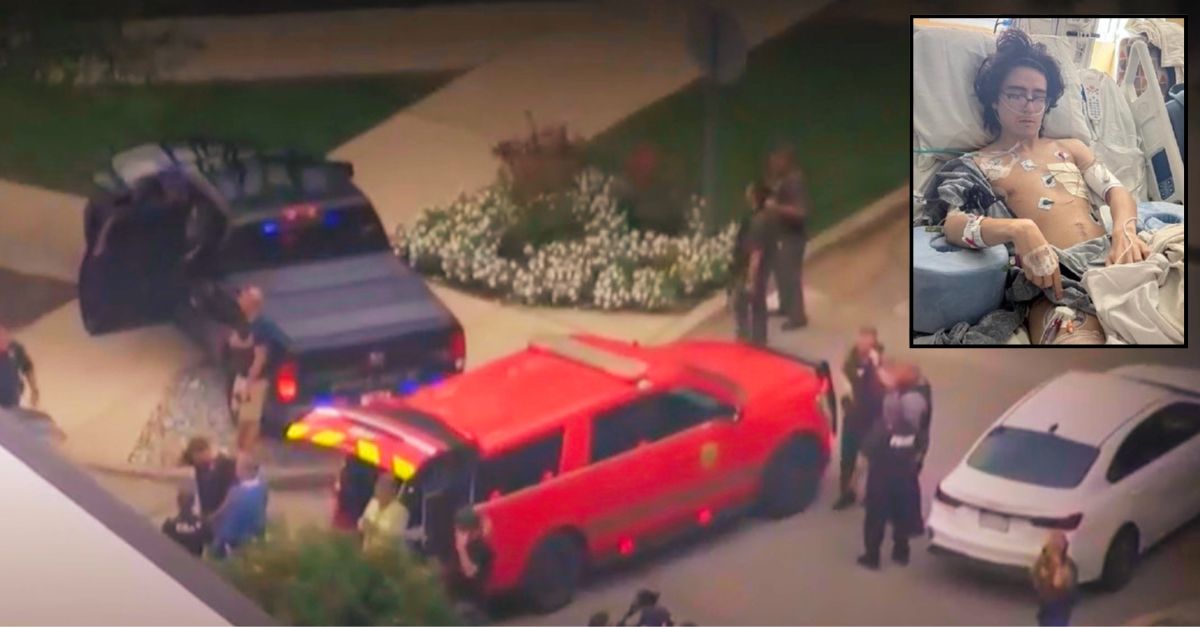 Inset: Axeel Melendez in the hospital (KPHO). Background: Authorities at Melendez home after he was shot (KOLD).