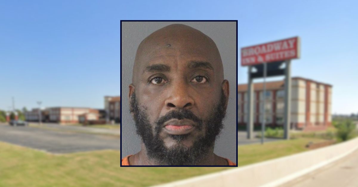 Berry Russell appears in a booking photo inset against an image of a hotel in Oklahoma.