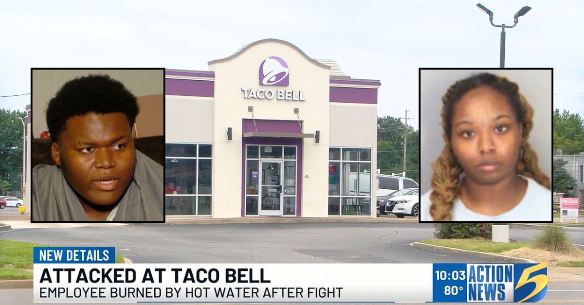 Background: Background: The Taco Bell in Memphis, Tenn., where employee Makayla Henderson allegedly hurled boiling water on co-worker Chris Jones (WMC/YouTube). Inset left: Chris Jones (WMC/YouTube). Inset right: Makayla Henderson (Shelby County (Tenn.) Sheriff's Office). 