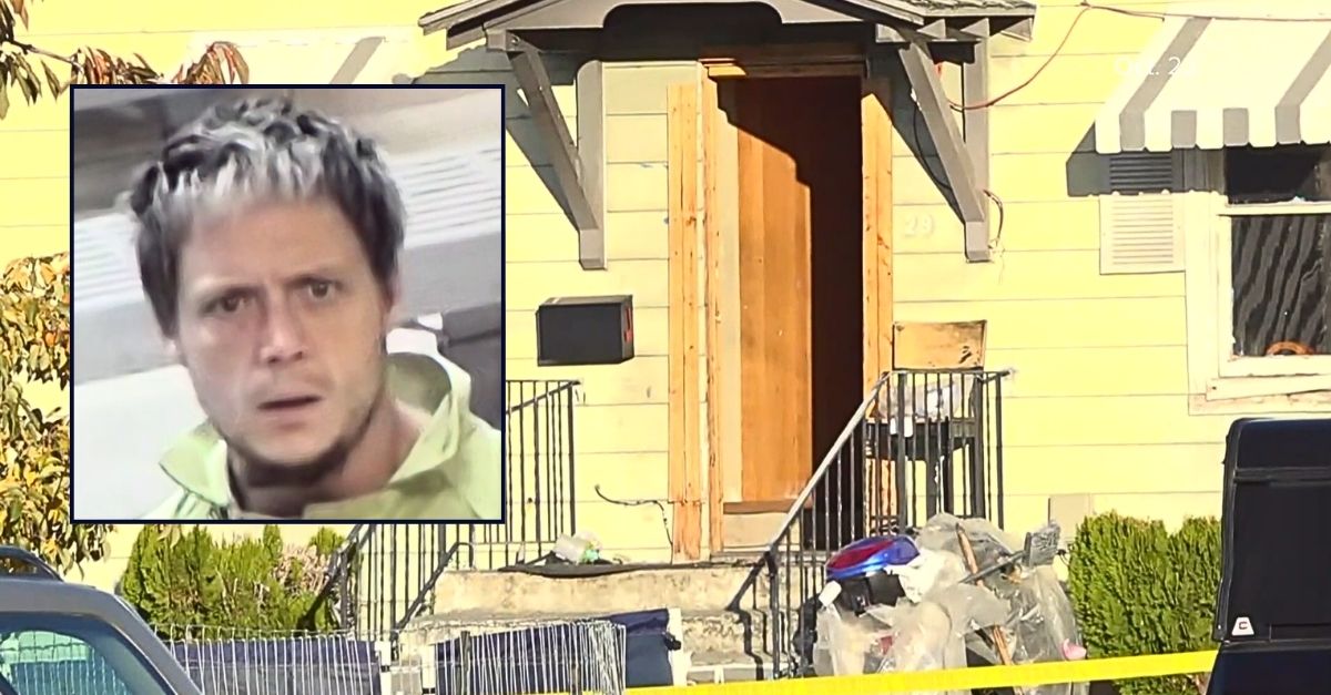 Inset: Damian Eiffert in court. Background: The Washington state home where Damian Eiffert murdered his father (KREM/YouTube).