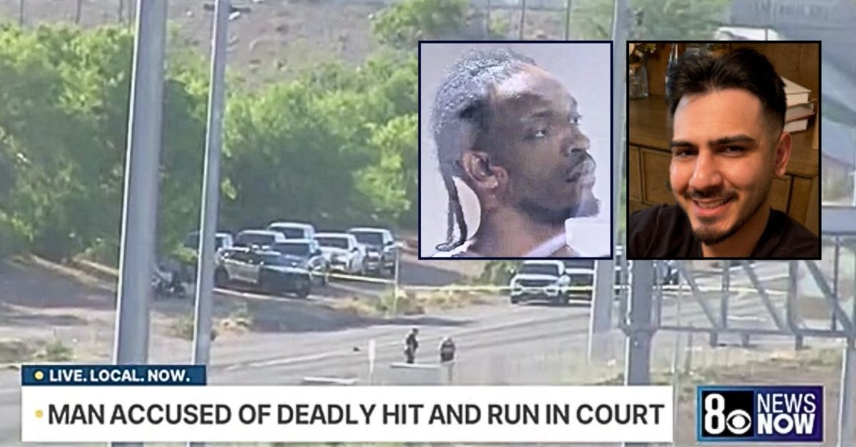 Left inset: Elijah Malone in court. Right inset: Ivan Aguilera. Background: The scene of the crash in Las Vegas where Ivan Aguilera was allegedly hit and killed by Elijah Malone (KLAS).
