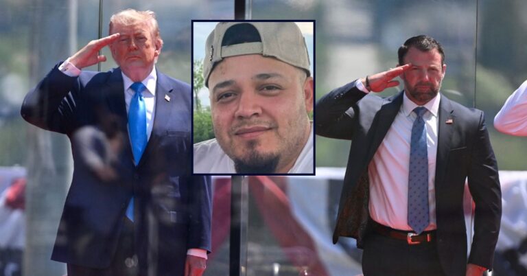 Kilmar Abrego Garcia appears inset against an image of Donald Trump and Markwayne Mullin.