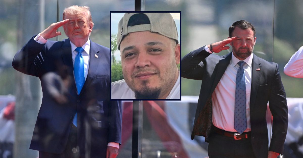 Kilmar Abrego Garcia appears inset against an image of Donald Trump and Markwayne Mullin.