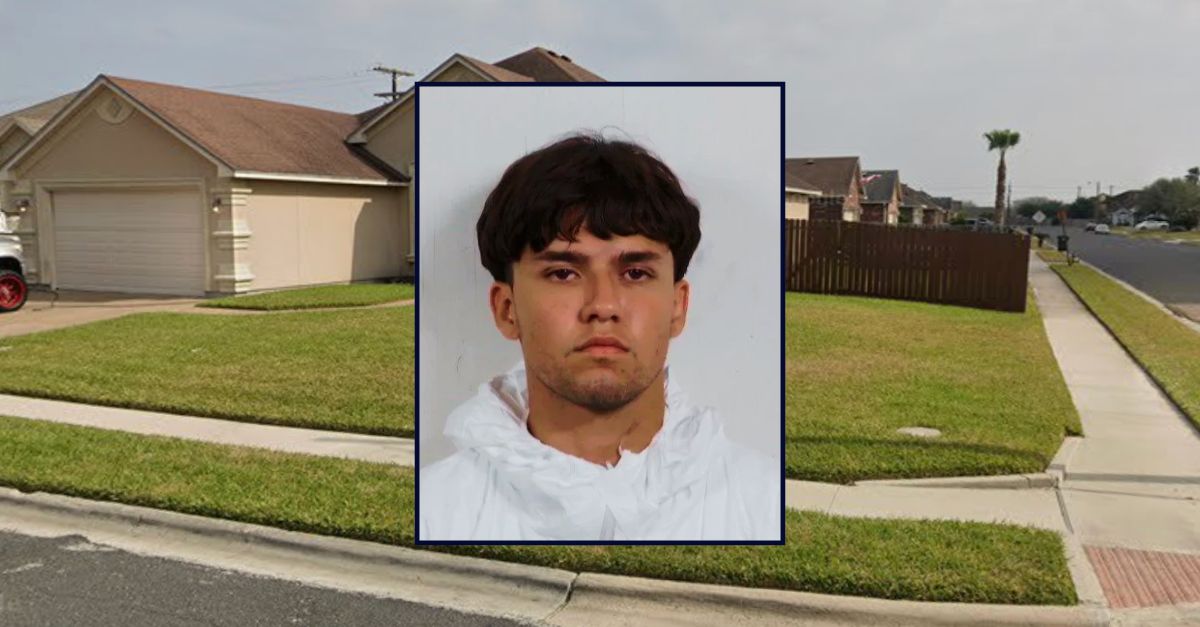 Markus Xavier Benavidez appears in a booking photo inset against an image of a house in Texas.